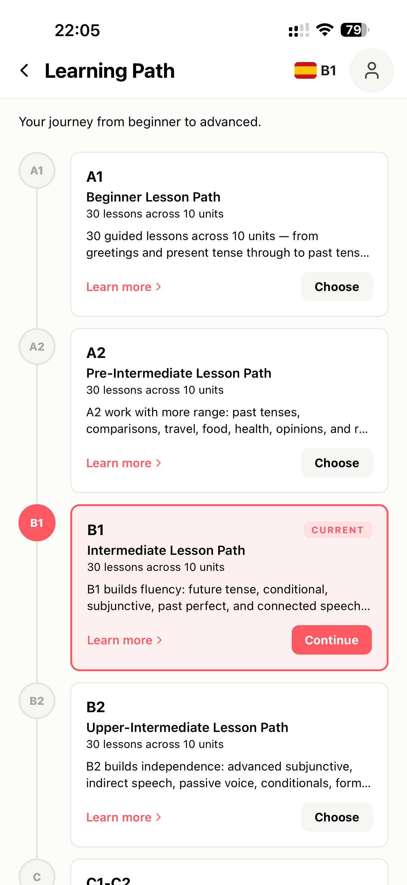 Learning path screen with A1 to B2 lessons